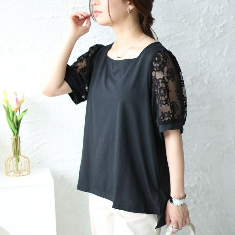大きいサイズ レディース シアーレース袖切り替えスクエアネックTシャツ　mncut-142024