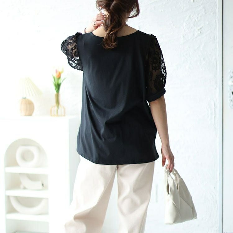 大きいサイズ レディース シアーレース袖切り替えスクエアネックTシャツ　mncut-142024