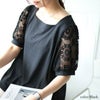 大きいサイズ レディース シアーレース袖切り替えスクエアネックTシャツ　mncut-142024 ブラック