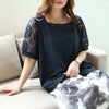 大きいサイズ レディース シアーレース袖切り替えスクエアネックTシャツ　mncut-142024 ネイビー