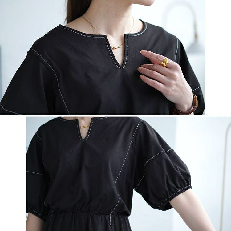 大きいサイズ レディース 配色ステッチキーネックギャザーワンピース　maru-30009