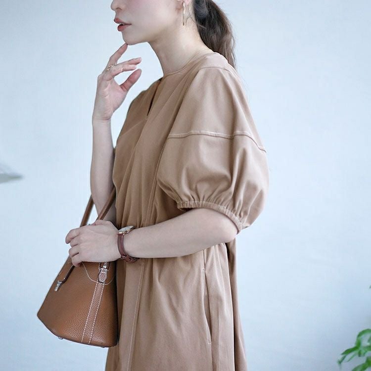 大きいサイズ レディース 配色ステッチキーネックギャザーワンピース　maru-30009