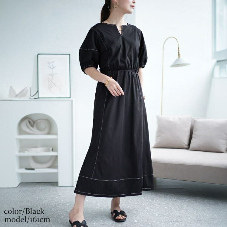 大きいサイズ レディース 配色ステッチキーネックギャザーワンピース　maru-30009