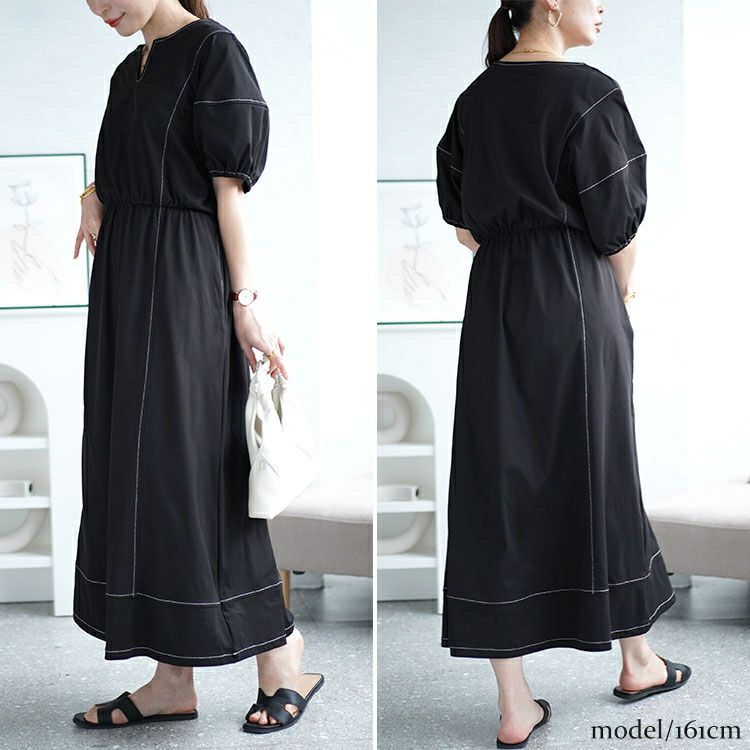 大きいサイズ レディース 配色ステッチキーネックギャザーワンピース　maru-30009