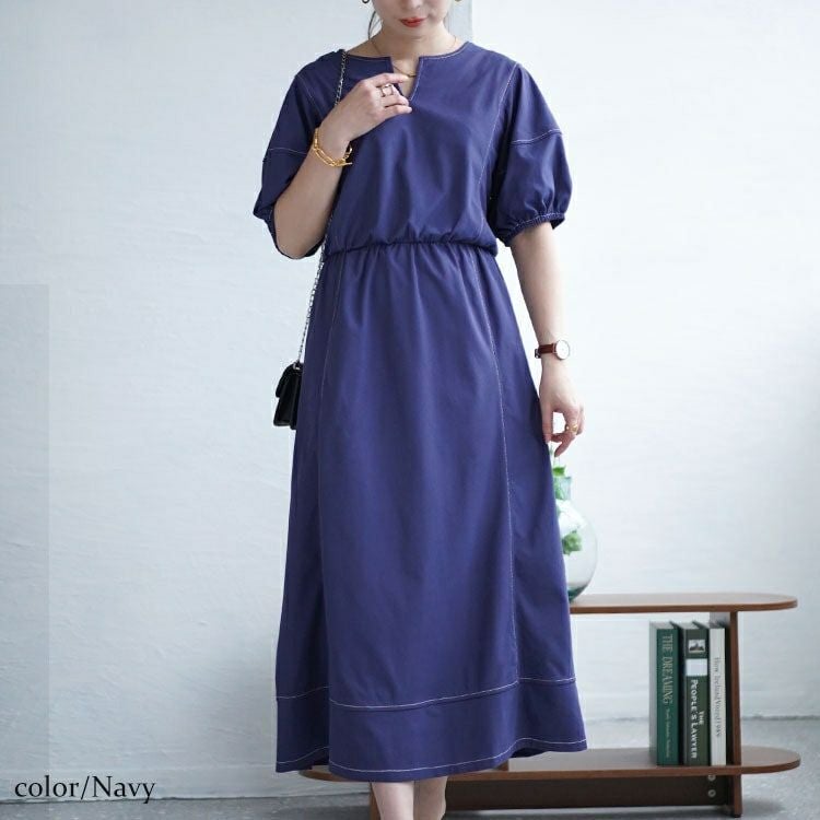大きいサイズ レディース 配色ステッチキーネックギャザーワンピース　maru-30009