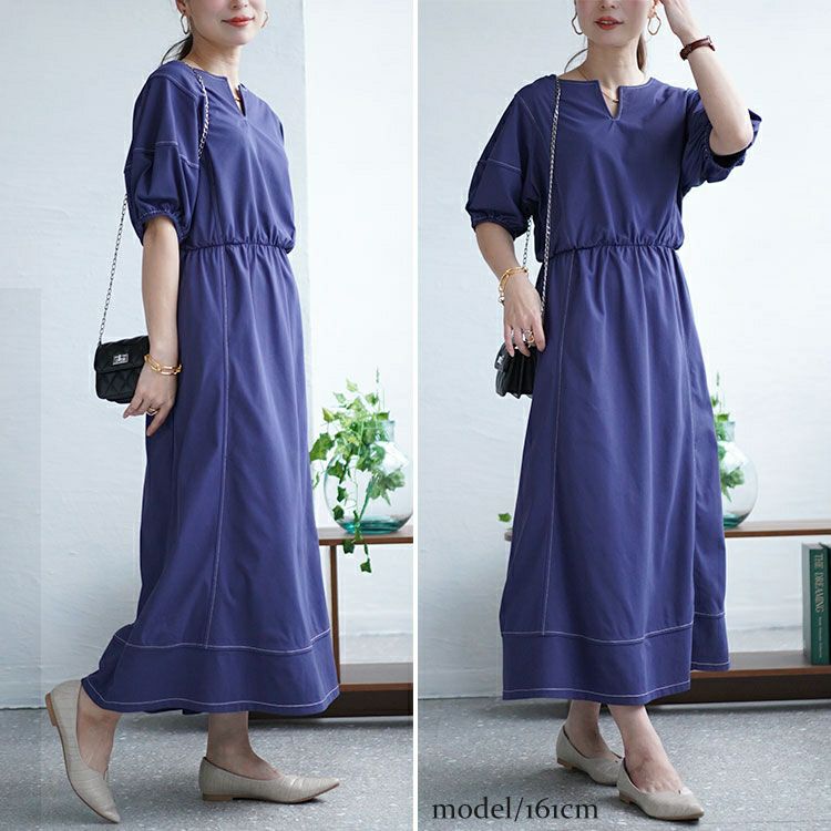 大きいサイズ レディース 配色ステッチキーネックギャザーワンピース　maru-30009