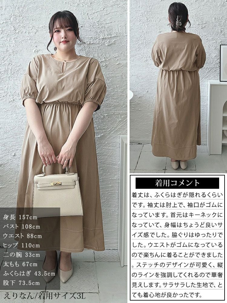 大きいサイズ レディース 配色ステッチキーネックギャザーワンピース　maru-30009