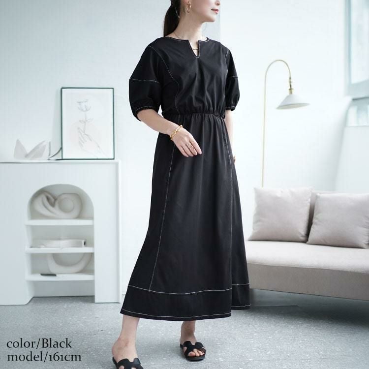 大きいサイズ レディース 配色ステッチキーネックギャザーワンピース　maru-30009 ブラック