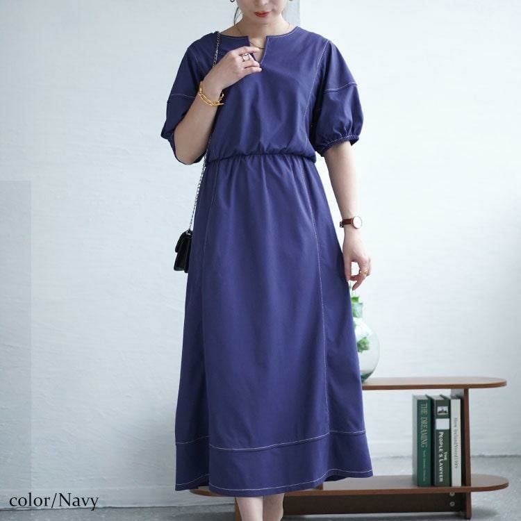 大きいサイズ レディース 配色ステッチキーネックギャザーワンピース　maru-30009 ネイビー