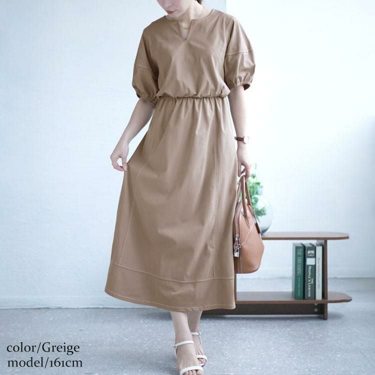 大きいサイズ レディース 配色ステッチキーネックギャザーワンピース　maru-30009 グレージュ