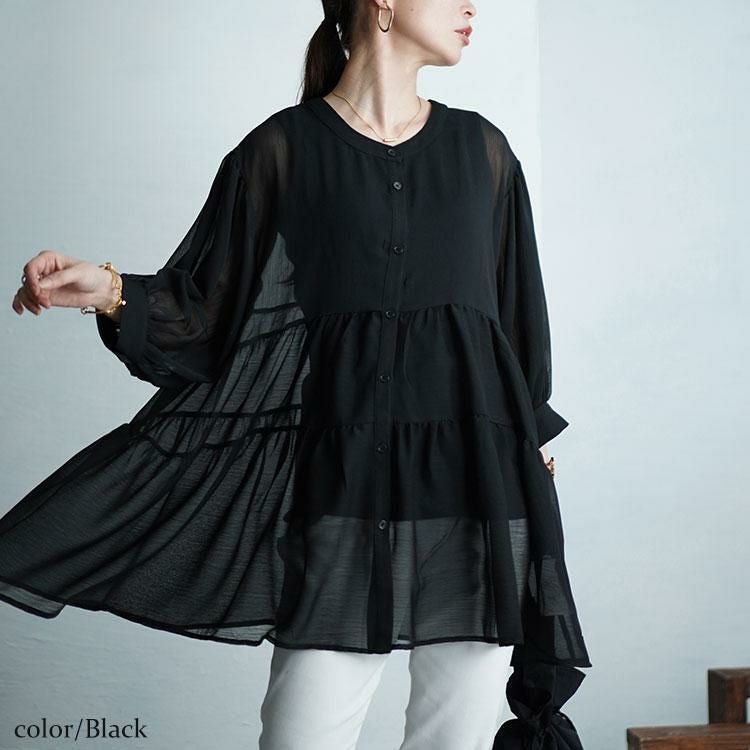 大きいサイズ レディース ティアードシアーブラウス　maru-30007 ブラック