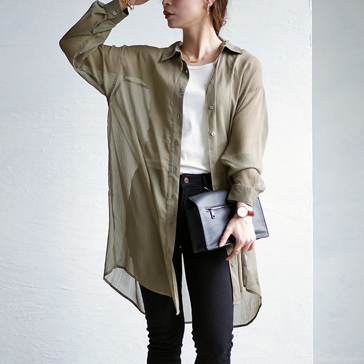 大きいサイズ レディース ワッシャーシアーロングシャツ　maru-6728