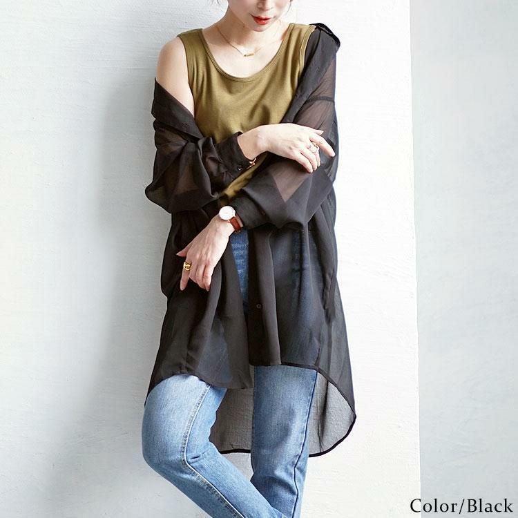 大きいサイズ レディース ワッシャーシアーロングシャツ　maru-6728 ブラック