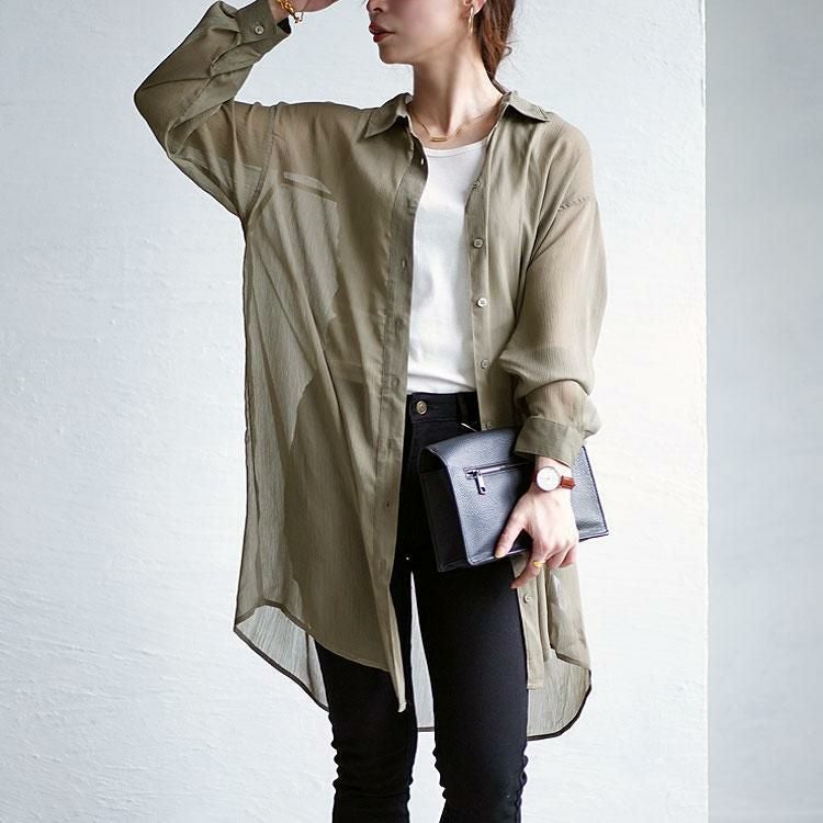 大きいサイズ レディース ワッシャーシアーロングシャツ　maru-6728 カーキ