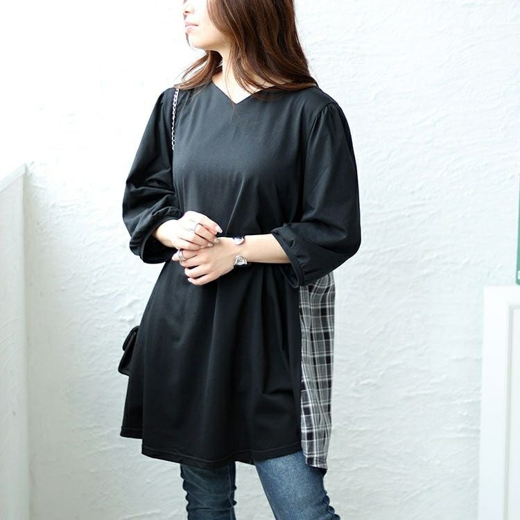 大きいサイズ レディース バックチェック柄切り替えチュニック　cast-5542034