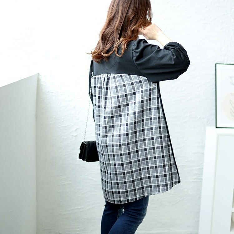 大きいサイズ レディース バックチェック柄切り替えチュニック　cast-5542034