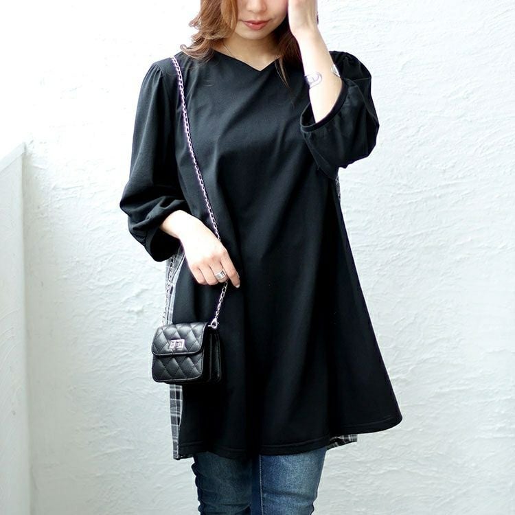 大きいサイズ レディース バックチェック柄切り替えチュニック　cast-5542034