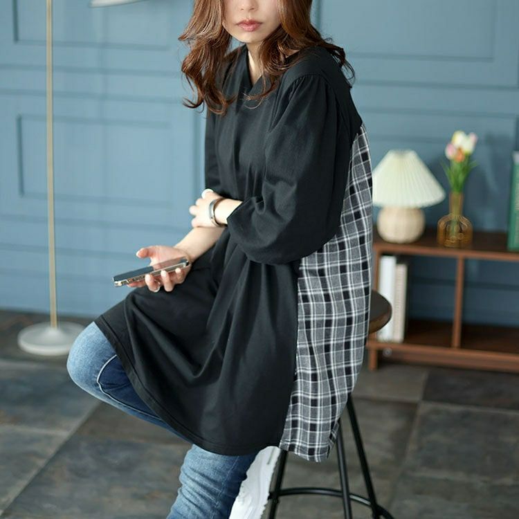 大きいサイズ レディース バックチェック柄切り替えチュニック　cast-5542034