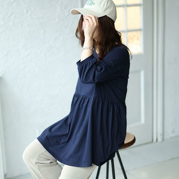 大きいサイズ レディース ギャザー切り替えフレアチュニック　cast-5542033 ネイビー