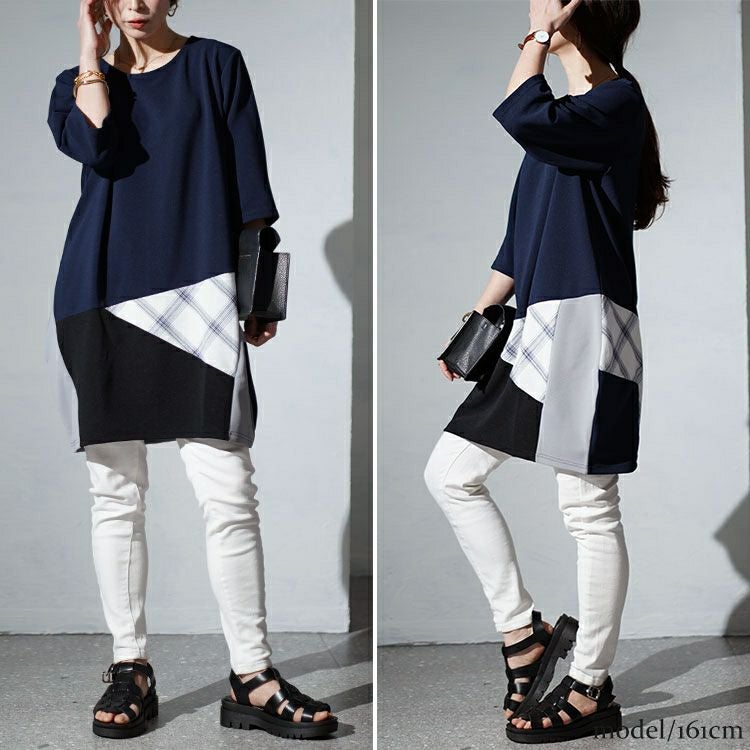 大きいサイズ レディース パッチワークコクーンチュニック　cast-5542029