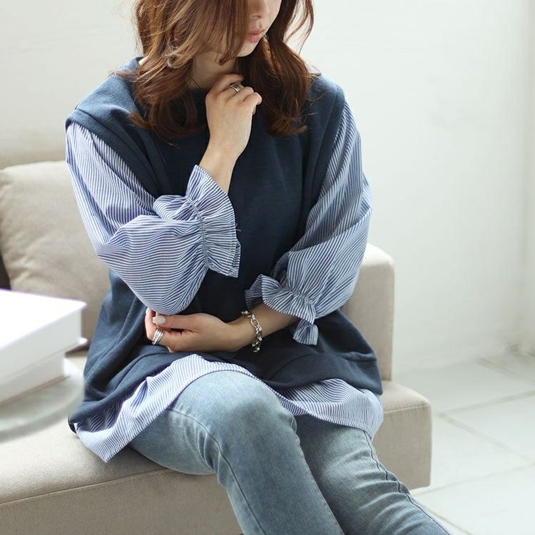 大きいサイズ レディース キャンディスリーブフェイクベストプルオーバー　cast-5542028