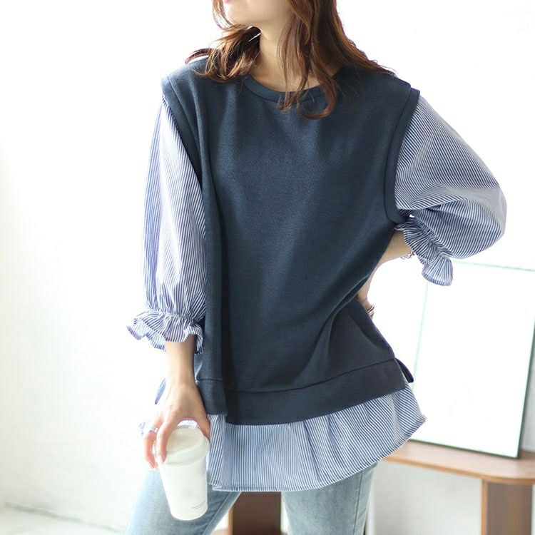 大きいサイズ レディース キャンディスリーブフェイクベストプルオーバー　cast-5542028