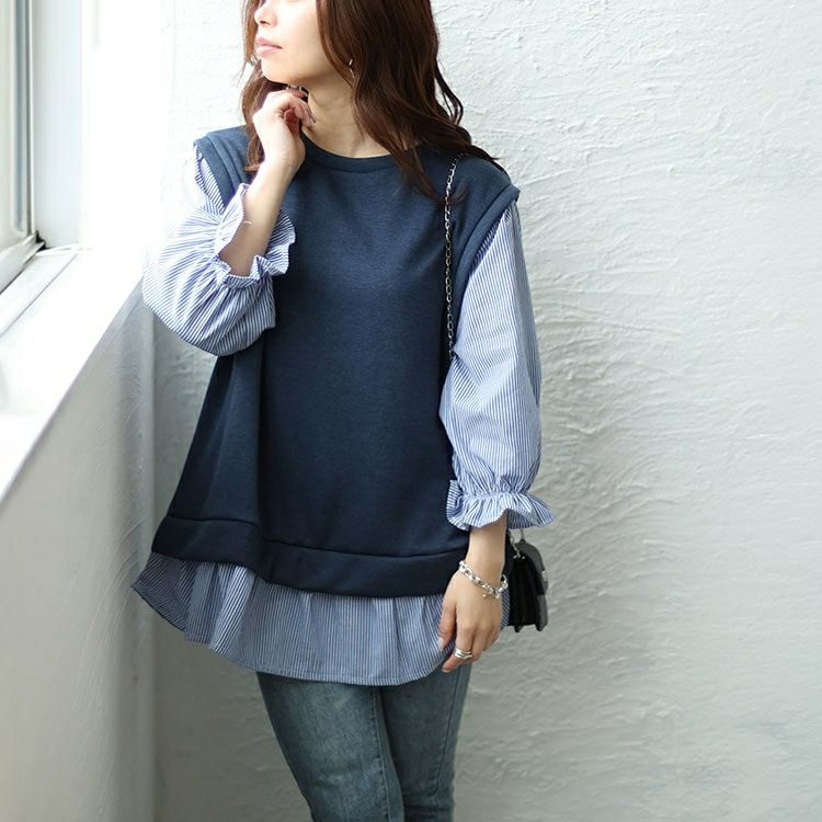 大きいサイズ レディース キャンディスリーブフェイクベストプルオーバー　cast-5542028