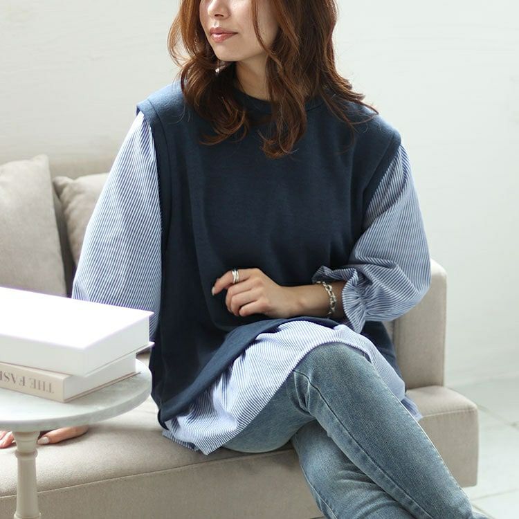 大きいサイズ レディース キャンディスリーブフェイクベストプルオーバー　cast-5542028