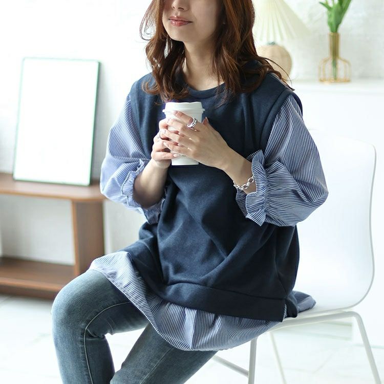 大きいサイズ レディース キャンディスリーブフェイクベストプルオーバー　cast-5542028