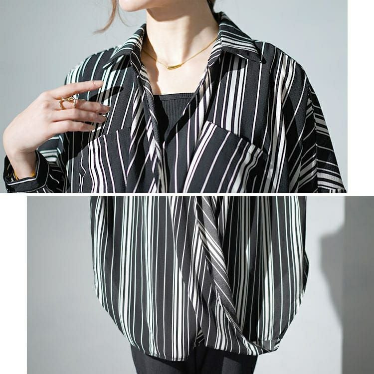 大きいサイズ レディース ランダムストライプカシュクールシャツ　gold936 【メール便可】