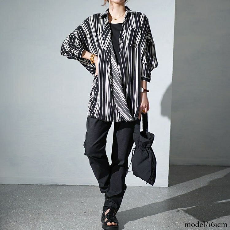 大きいサイズ レディース ランダムストライプカシュクールシャツ　gold936 【メール便可】