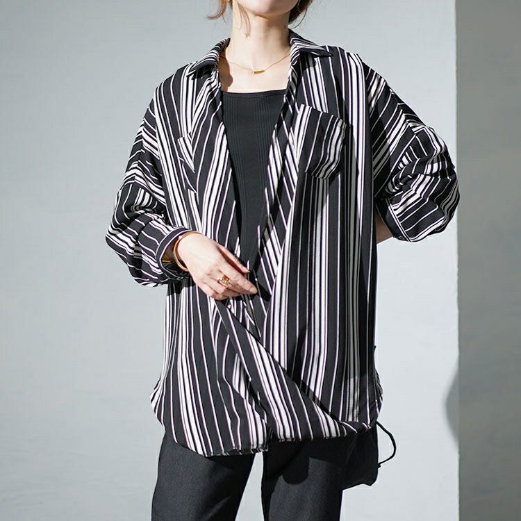 大きいサイズ レディース ランダムストライプカシュクールシャツ　gold936 【メール便可】