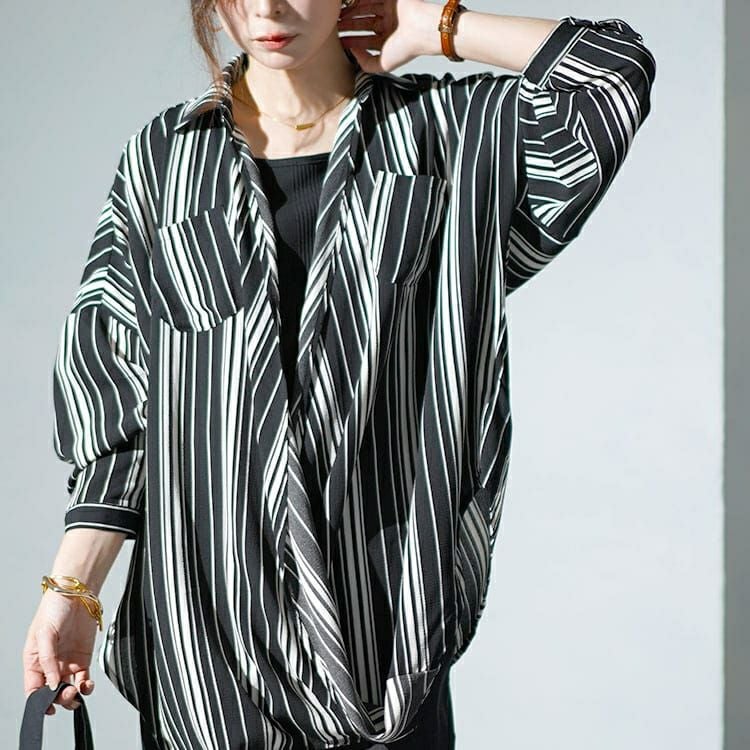 大きいサイズ レディース ランダムストライプカシュクールシャツ　gold936 【メール便可】