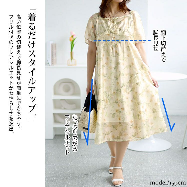 大きいサイズ レディース 花柄バックシャーリングワンピース　goldy-1463 【メール便可】