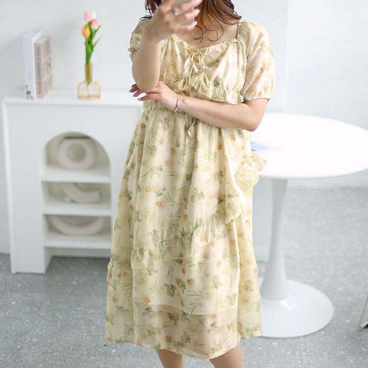 大きいサイズ レディース 花柄バックシャーリングワンピース　goldy-1463 【メール便可】