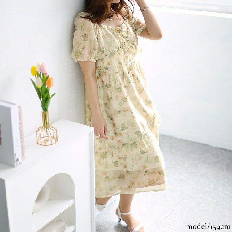 大きいサイズ レディース 花柄バックシャーリングワンピース　goldy-1463 【メール便可】