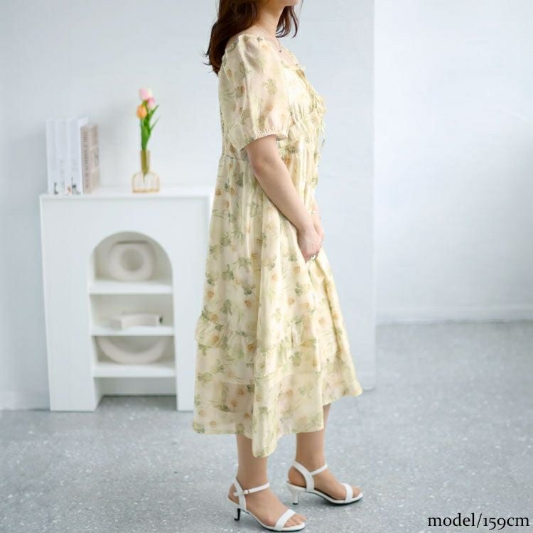 大きいサイズ レディース 花柄バックシャーリングワンピース　goldy-1463 【メール便可】