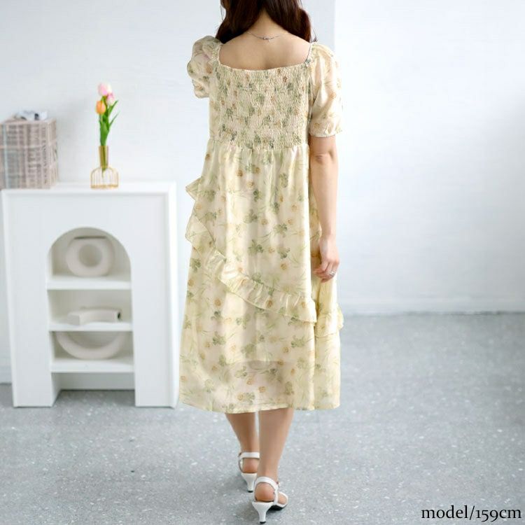 大きいサイズ レディース 花柄バックシャーリングワンピース　goldy-1463 【メール便可】