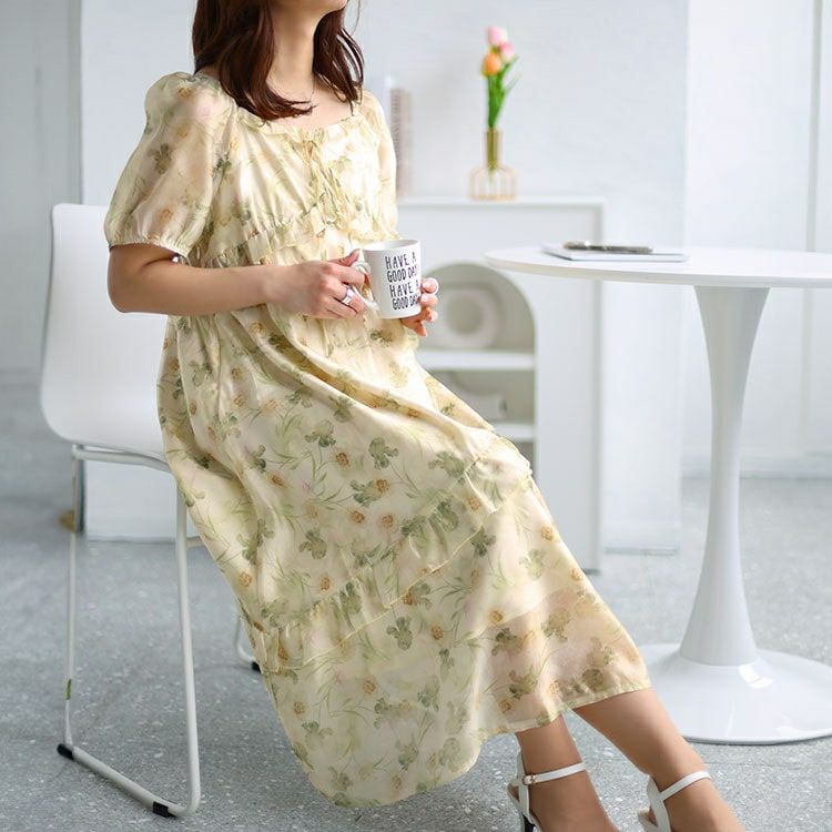 大きいサイズ レディース 花柄バックシャーリングワンピース　goldy-1463 【メール便可】