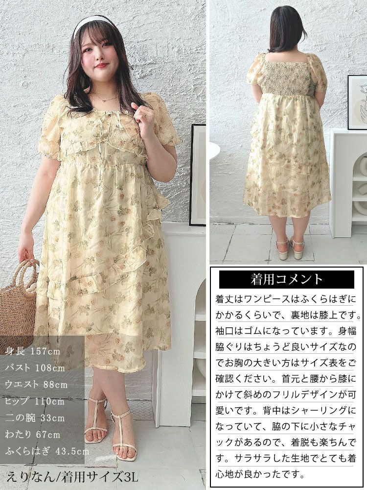 大きいサイズ レディース 花柄バックシャーリングワンピース　goldy-1463 【メール便可】