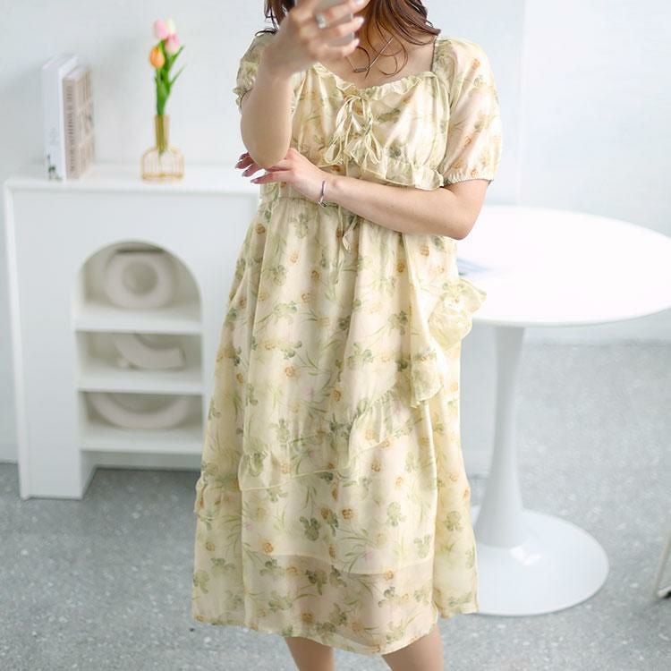 大きいサイズ レディース 花柄バックシャーリングワンピース　goldy-1463 【メール便可】 ベージュ