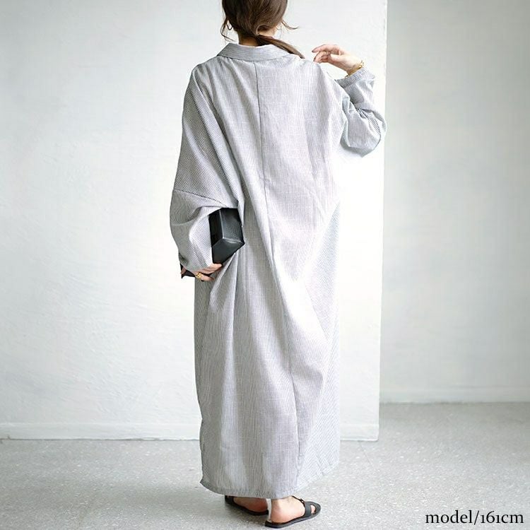 大きいサイズ レディース ストライプ柄ロングシャツワンピース　goldy-1456