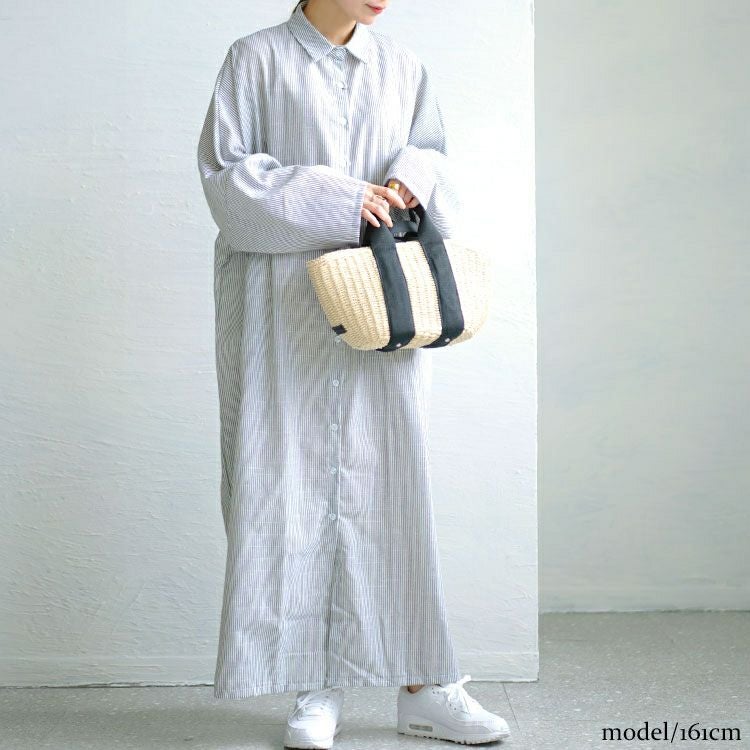 大きいサイズ レディース ストライプ柄ロングシャツワンピース　goldy-1456