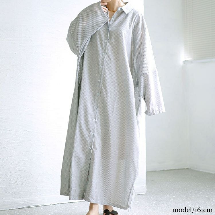 大きいサイズ レディース ストライプ柄ロングシャツワンピース　goldy-1456
