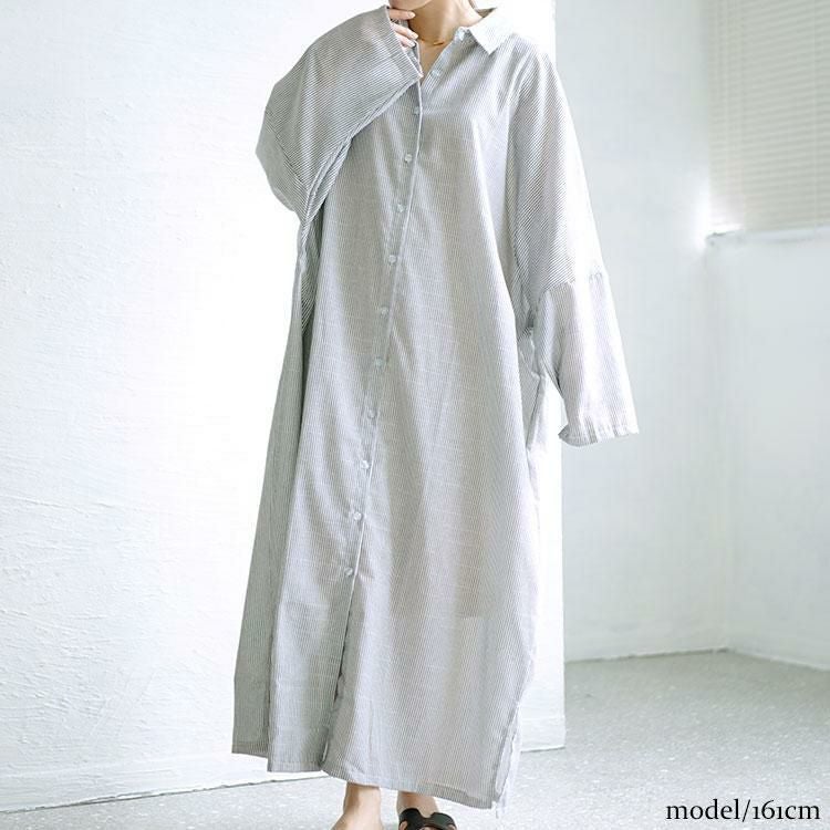 大きいサイズ レディース ストライプ柄ロングシャツワンピース　goldy-1456 ブラック