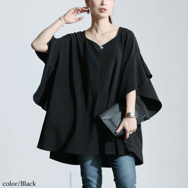 大きいサイズ レディース ハートネックバタフライスリーブプルオーバー　sw-0634 ブラック