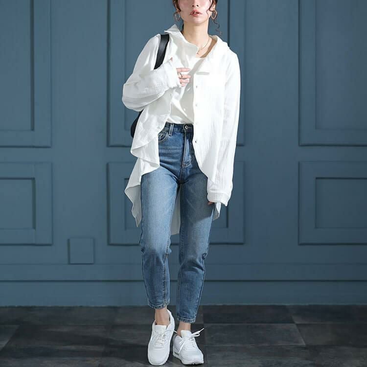 大きいサイズ レディース 楊柳コットンガーゼ変形シャツ　sw-0632 ホワイト