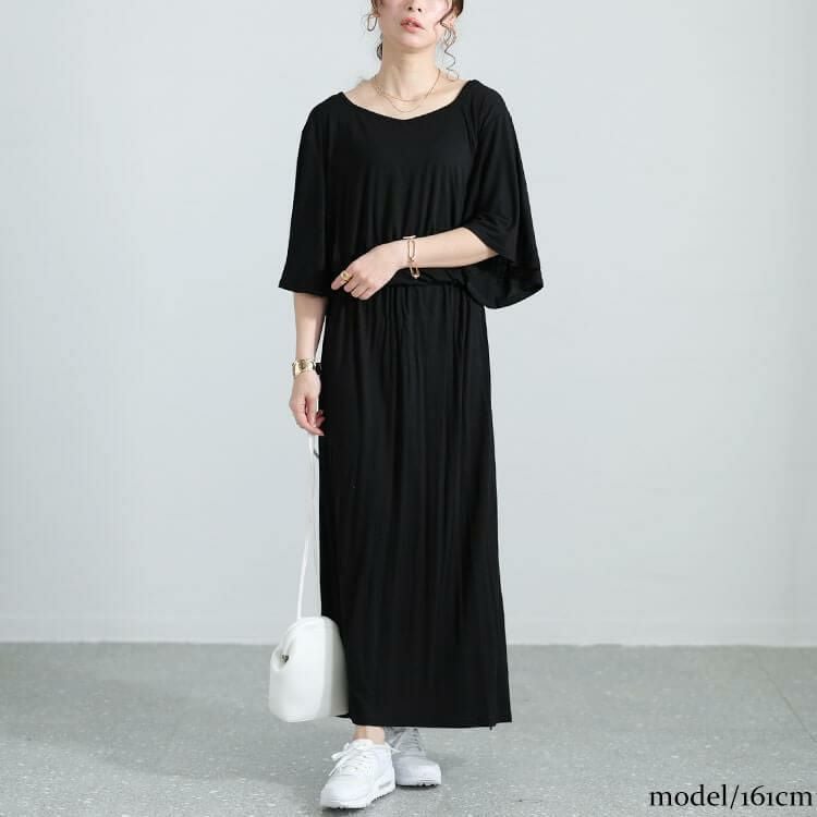 大きいサイズ レディース 接触冷感ケープスリーブハートネックワンピース　sw-0620 ブラック