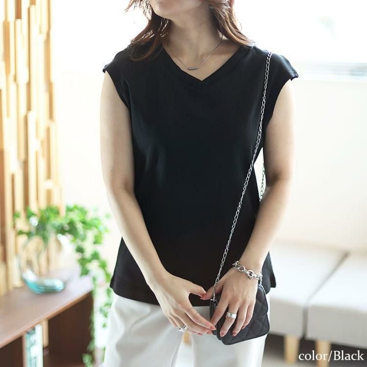 大きいサイズ レディース フレンチスリーブVネックリブトップス　wk-0429 【メール便可】 ブラック