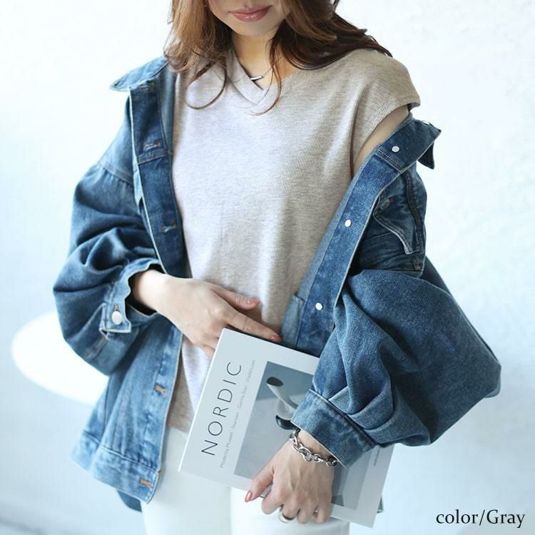 大きいサイズ レディース フレンチスリーブVネックリブトップス　wk-0429 【メール便可】 杢グレー